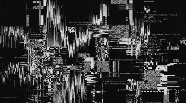Monochrome digital glitch texture with pixel sorting and compression artifacts on dark background, abstract electronic distortion for music posters, signal overlays and cyber visuals, square pixel
