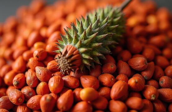 Annatto seeds a natural orange pigment source. Spiky fruit pod rests on pile of vibrant annatto seeds. Used for food dye and ancient paint.
