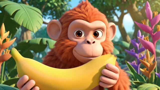 Adorable cartoon monkey character holding a ripe banana in a lush jungle setting with vibrant tropical flowers