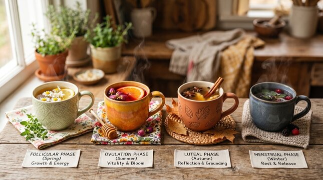 Assorted herbal tea cups with labels on wooden table in cozy setting  