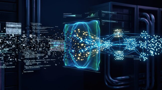 Denoising process for retrieval augmented generation data, enterprise AI cleanup, signal refinement, knowledge filtering and semantic reconstruction concept, luminous particles separating from noise