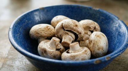 Obraz premium Close-up of aging champignon mushrooms rotating in blue bowl with worn texture for food spoilage grocery and kitchen concept, clean commercial stock image, premium commercial stock visual, modern