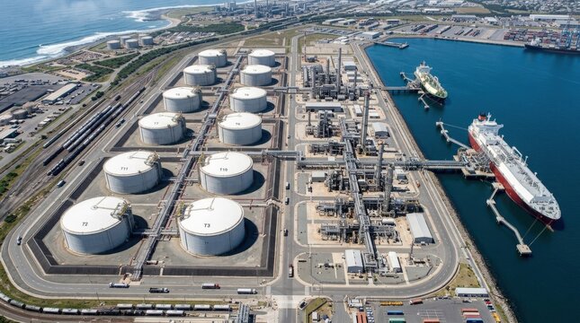 Top view of LNG storage tanks and industrial facility, energy infrastructure, logistics, heavy industry and global supply concept for corporate campaigns, engineering editorials and economic