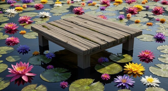 A rustic wooden table floats on a serene pond filled with blooming flowers, featuring crystal clear reflections and sharp macro textures, landscape, pond, wooden