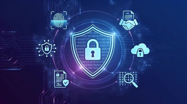 Futuristic Digital Shield with Lock Icon and Glowing Elements Floating Above Circuit Patterns in Dark Cybersecurity Environment