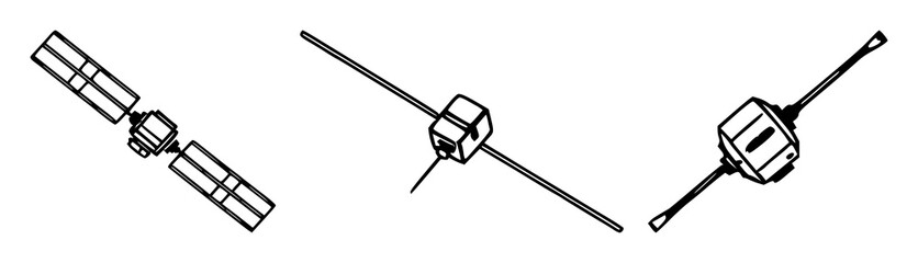Satellites set with black line art and white background featuring spacecraft, orbit, astronomy with vector and illustration © MdBiplob