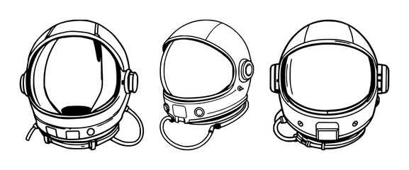 Astronaut helmet set with black line art and white background featuring space travel, exploration, sci-fi, astronaut equipment with space technology and safety gear © MdBiplob