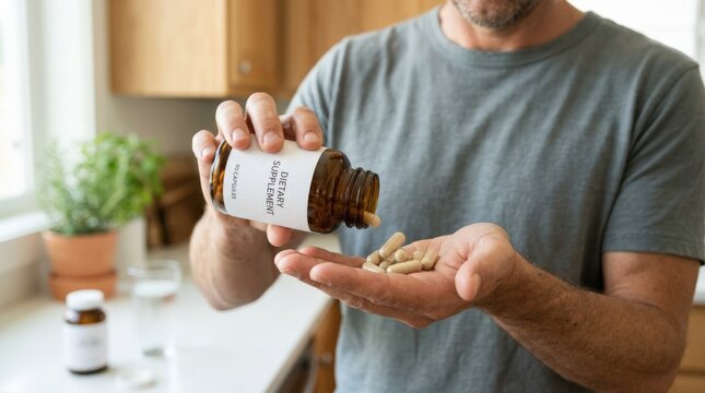 Adult man pouring dietary supplement capsules into his palm from an amber bottle, close-up home wellness routine for nutrition branding, pharmaceutical campaigns, dosage guidance and healthy lifestyle