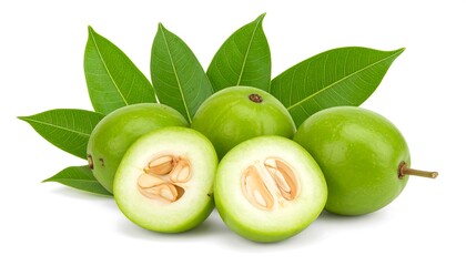 Vibrant depiction of several round, green fruits, one bisected showing the pale flesh and seeds, and lush green leaves © Naf