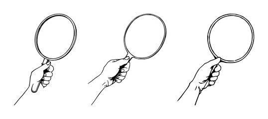 Mirror set with black line art illustration on white background featuring handheld mirror, reflective surface, minimalist detail with hand and arm © MdBiplob