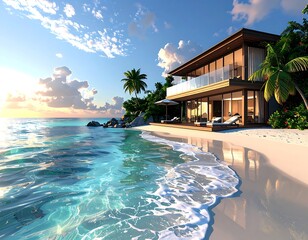 Obraz premium Luxurious Tropical Beachfront Villa at Sunset with Turquoise Ocean and White Sand.