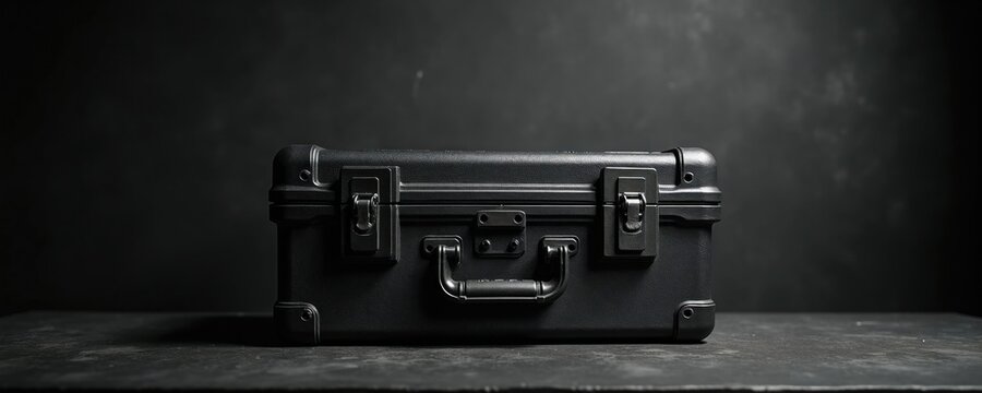 Sturdy black tool box sits on dark surface. Features strong latches and a handle. This container offers secure storage for tools and equipment.