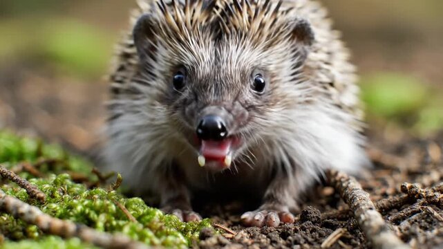 Close Up Of A European Hedgehog Opening Mouth And Yawning On Forest Floor In Natural Sunlight