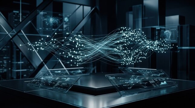 AI Swarm Intelligence Multi-Agent, intelligent systems, connected data flows, enterprise innovation and digital transformation, refined futuristic mood, sleek structured geometry, dark premium tech