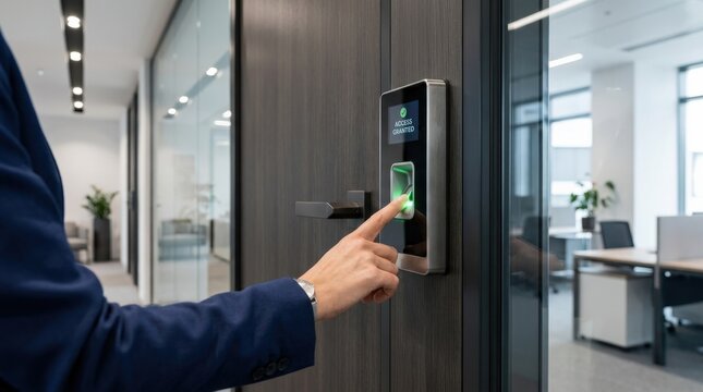 Advanced biometric access control system with digital fingerprint scanner on a sleek door, enterprise security and secure workplace technology concept, clean modern composition for business protection