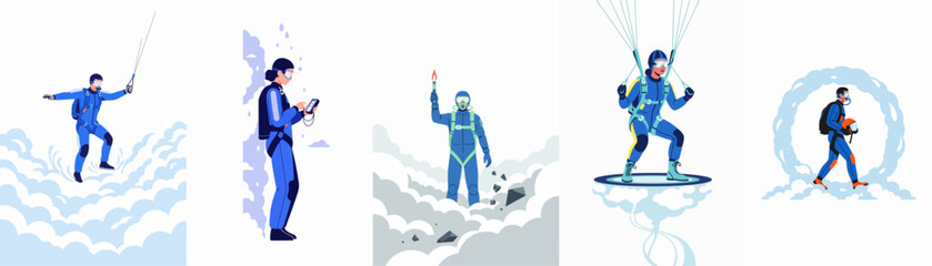 Collection of Five Skydiver Illustrations Featuring Extreme Sports Athletes in Blue Jumpsuits Performing Various Aerial Feats Above the Clouds. © Papat