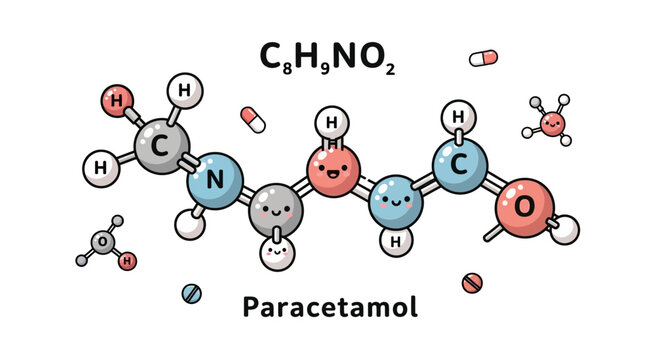 Paracetamol molecule illustration with cute cartoon atoms, science and medicine concept