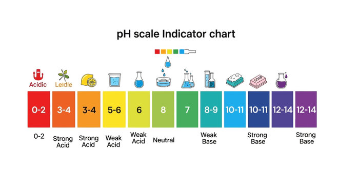 pH scale indicator chart illustration with colorful liquid samples and icons, graphic resource