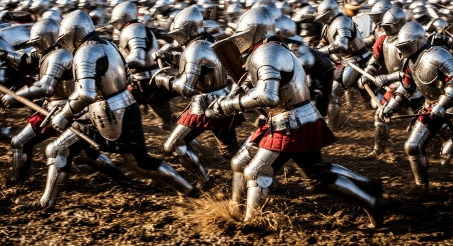 Shiny suits of plate armor rushing through a muddy field with heavy motion blur, capturing the chaotic speed of a historical engagement, speed, fight, rushing