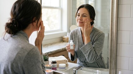 Fototapeta premium Young woman applying skincare product while looking in bathroom mirror 