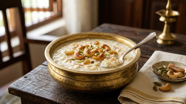Kerala Palada Payasam Creamy Rice Dessert Authentic South Indian Sweet food shot, rich texture, fresh garnish and restaurant menu appeal, clean table presentation, soft natural light, flavorful