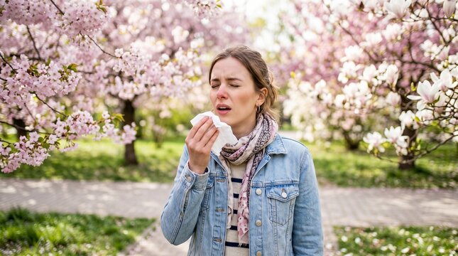 Young woman sneezing in a blooming garden during springtime  