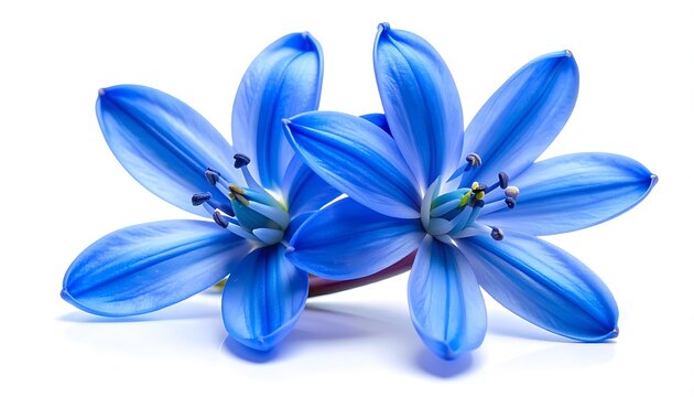 Two vibrant blue scilla flowers with delicate petals and visible stamen, isolated on a white background, symbolizing spring and natural beauty