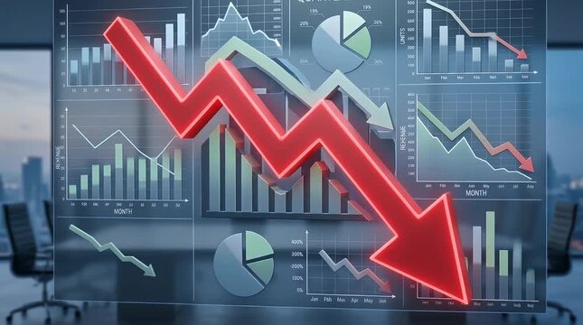 Interactive Dashboard with Red Downward Trend Arrow Highlighting Quarterly Loss in Modern Office Environment