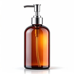 Fototapeta premium Amber glass dispenser with chrome pump and straw, isolated on white