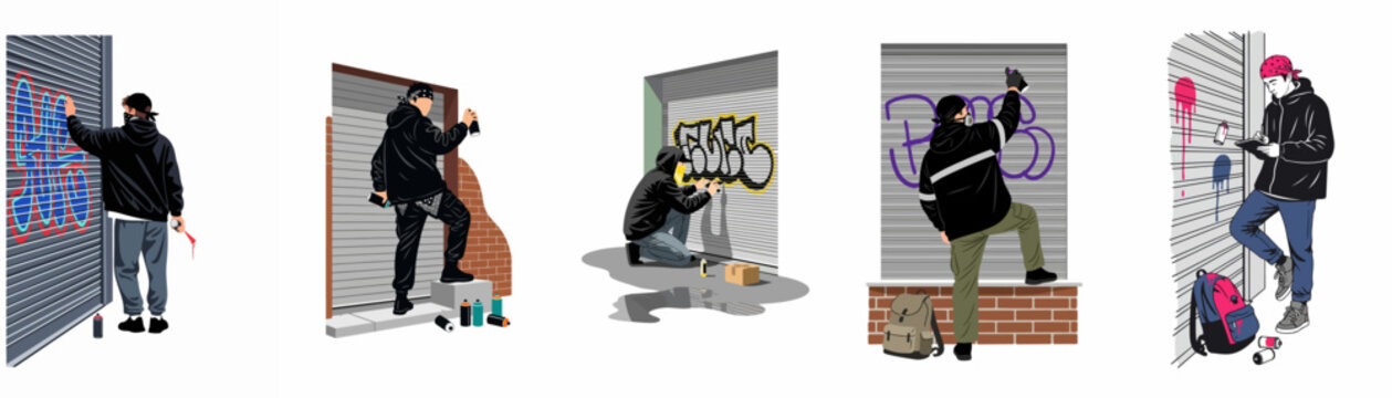 Set of illustrations depicting street graffiti artists spray painting on metal rolling shutters, urban culture, street art, and creative expression.