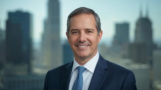 Smiling businessman portrait suit and tie with city skyline background confident relaxed middle aged