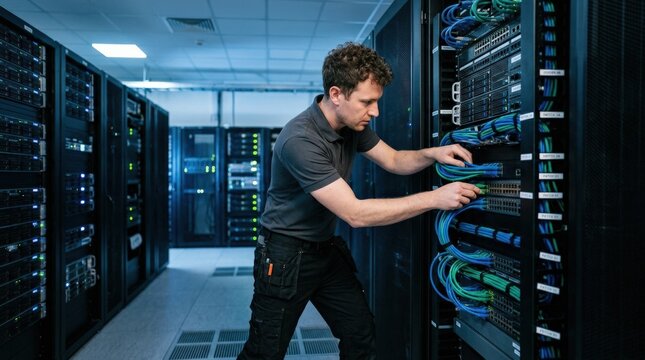 IT technician installing and maintaining servers in a data center rack for network infrastructure, enterprise technology, cloud computing and cybersecurity concept for business branding and editorial