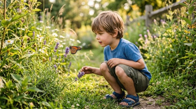 Boy looking at a butterfly, child learning about nature in a peaceful outdoor setting, curiosity, discovery and early education concept with soft greenery, warm daylight, realistic expression, gentle