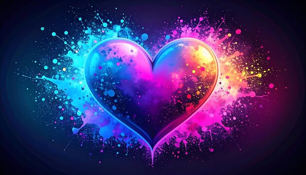 Vibrant heart shape exploding with colorful powder paint, digital art, abstract love concept, romance and energy