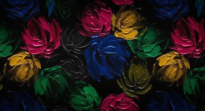 Deeply saturated moody floral pattern on heavy fabric featuring expressive impasto brush strokes and vibrant petals against a dark void, violet, aesthetic, deep