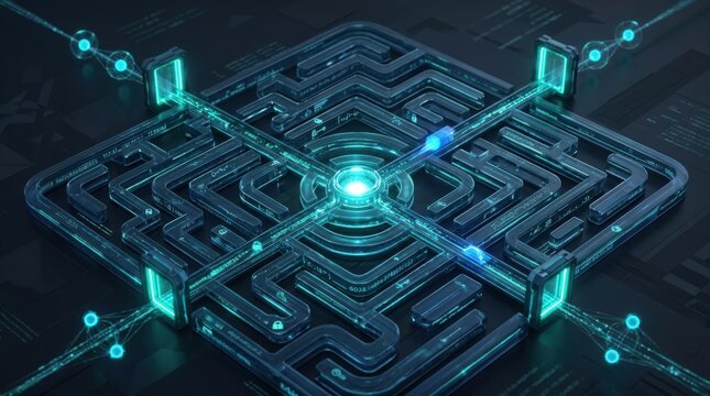 Enterprise quantum encryption maze with glowing secure pathways, complex security labyrinth and cryptography navigation concept on a dark abstract background, teal cyan accents, clean composition,