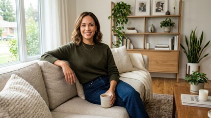 Obraz premium Confident woman at home, modern lifestyle portrait with self-assured expression, relatable domestic setting and strong commercial appeal for independence, wellness and everyday living themes, polished