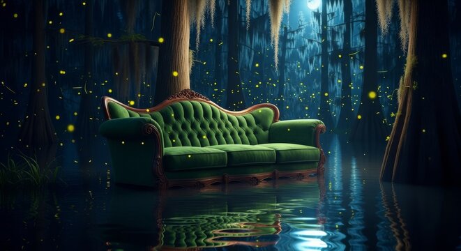 An elegant vintage velvet couch sits in the middle of a dark, murky swamp at night, surrounded by glowing fireflies and tall cypress trees, scenic, reeds, couch
