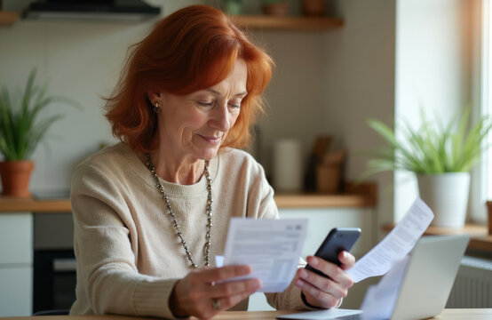 Elderly woman uses smartphone and papers to manage her budget at home. She smiles while planning her finances and checking bills for payments. Retirement independence with modern tech.