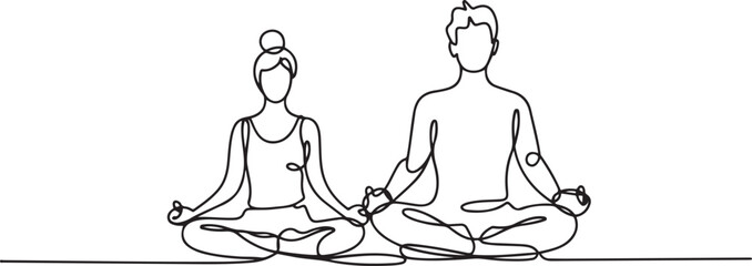 Yoga, woman, man practices yoga while sitting in the lotus position. one line icon drawing vector