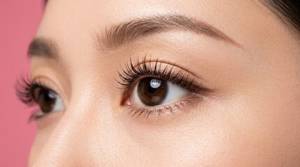 Obraz premium Beautiful Asian woman's eye with long eyelashes isolated on pink background, beauty close up for mascara, skincare and makeup campaigns, clean macro detail, flawless skin texture, elegant feminine