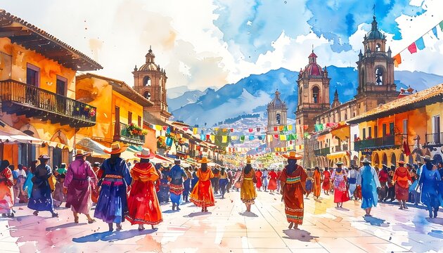 Vibrant street festival scene, people in colorful traditional attire, colonial architecture, festive decorations, bright daylight, cultural celebration, joyful atmosphere