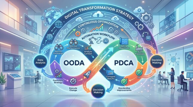 Business process improvement cycle, continuous optimization, data analysis, decision making, automation workflow and digital transformation strategy with OODA and PDCA cycles, clean enterprise