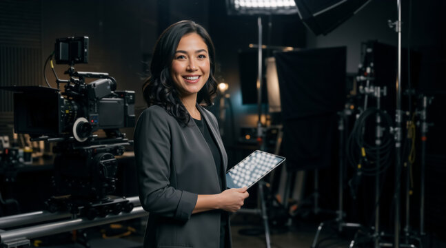 Smiling female film director holding a tablet in a movie studio. Professional woman producer standing near cinema camera and lighting equipment. Media production and creative industry concept