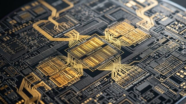 Stunning Macro View of AI Chip Architecture with Tensor Cores and Golden Pathways, symbolizing advanced machine learning and enterprise technology innovation, advanced semiconductor concept, computing