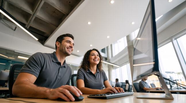 Smiling business colleagues working together on a computer in a modern office. Happy man and woman in matching grey polo shirts looking at a monitor at their desk. Corporate teamwork concept