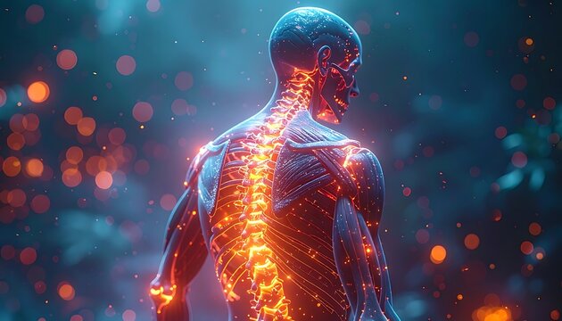 Human spine and back muscles glowing.
