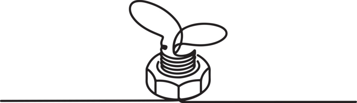 A minimalist continuous line drawing depicting a single wing nut fastener. one line icon drawing vector