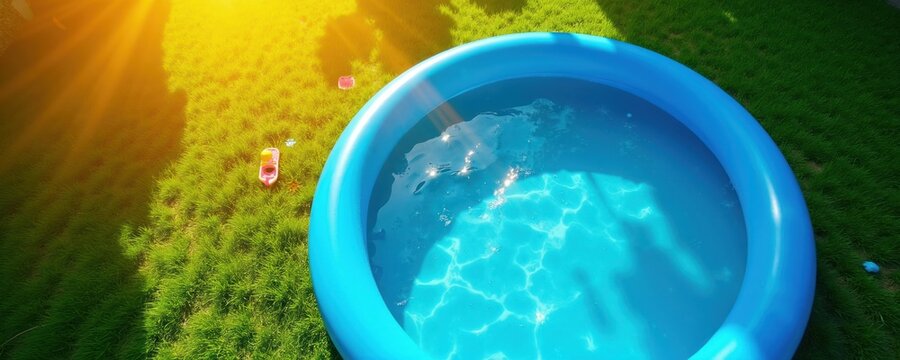 Bright blue inflatable pool sits on green grass under warm sun. Small childs toys nearby suggest playful summer day. Water sparkles invitingly for backyard fun.