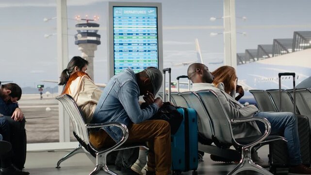 Sleeping, delayed flights and jet lagged passengers in airport during air transport congestion. Napping on chairs, holiday trip and multiethnic people in lounge waiting for another plane